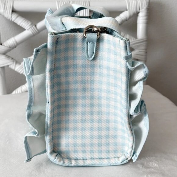 Betsey Johnson Luv Betsey Light Blue Gingham Ruffle Shoulder Bag Heart Sharm NWT - Picture 5 of 16